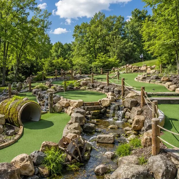 Redaktionelle Illustration eines naturnahen Adventure-Golf-Parcours