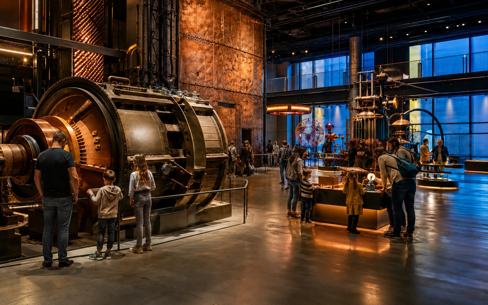 Redaktionelle Illustration einer interaktiven Technik-Ausstellung mit Großmaschinen und Familien