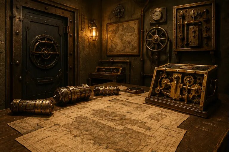 Redaktionelle Illustration eines atmosphärischen Escape Rooms mit mechanischen Rätseln