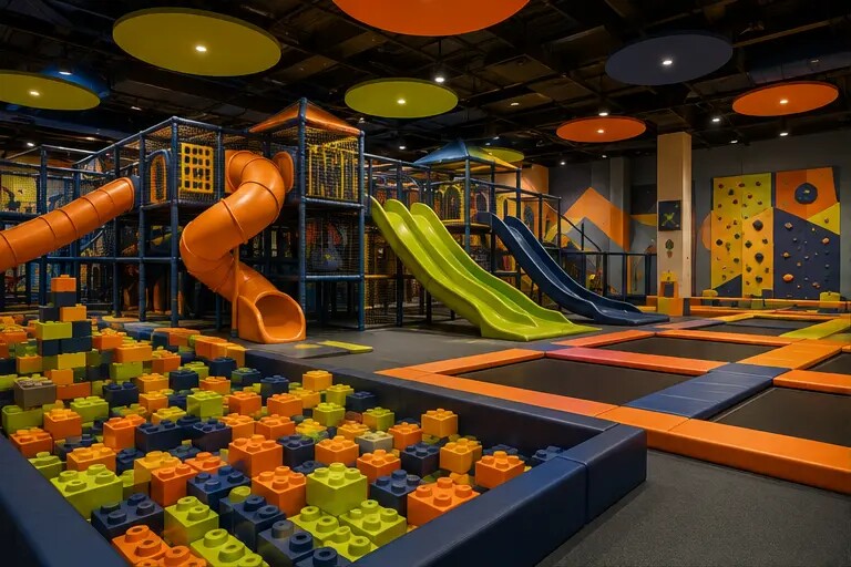 Redaktionelle Illustration eines farbenfrohen Indoorspielplatzes