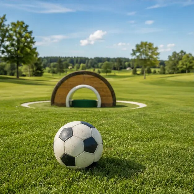 Redaktionelle Illustration einer Fußballgolf-Anlage mit Ball und Zielhindernis